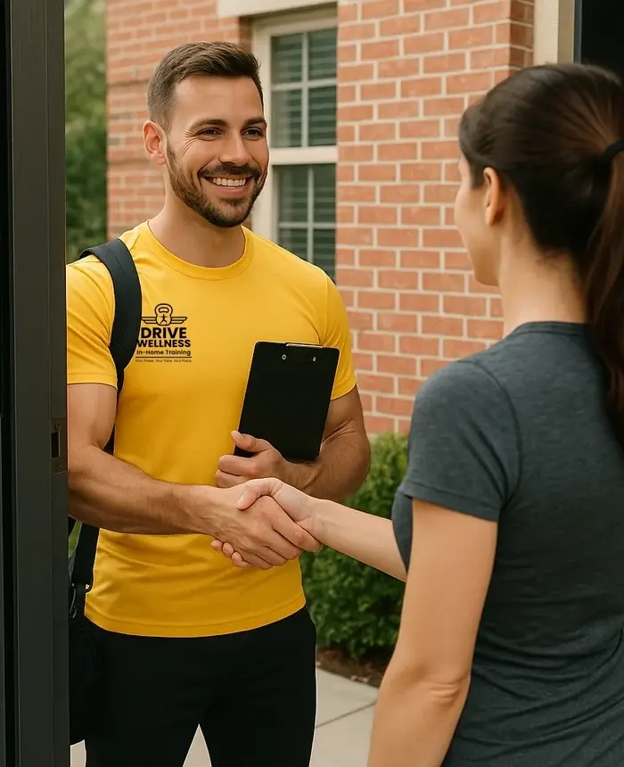 I want to see a trainer in a orangey yellow shirt arriving at someones house professionally to train with them at home.png I want to see a trainer in a orangey yellow shirt arriving at someones house professionally to train with them at home.png